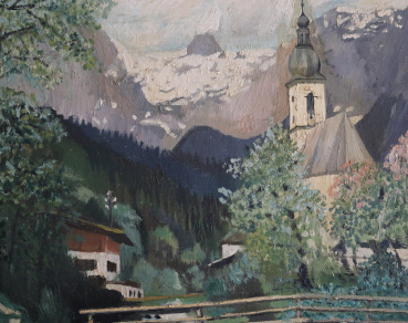Ölbild / Ramsau - Kirche mit Brücke und Bach / Öl auf Leinwand / 1960-70er